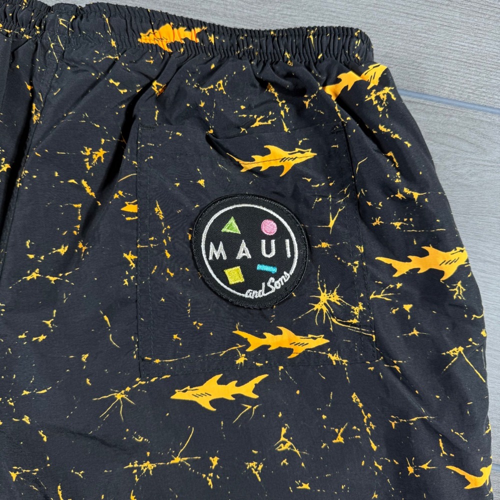 Maui and Sons Swim Trunks XL Black Vintage Yellow Shark Print Surf Shorts - Picture 6 of 6